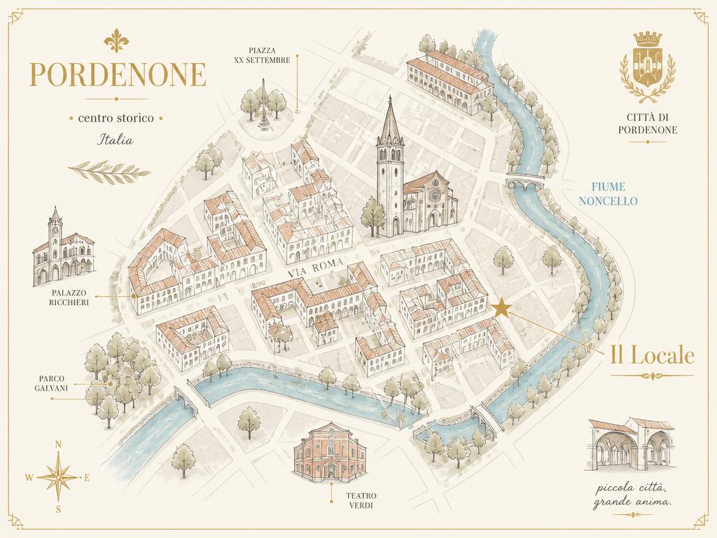 Mappa illustrata del centro di Pordenone con Il Locale in Via Roma 1